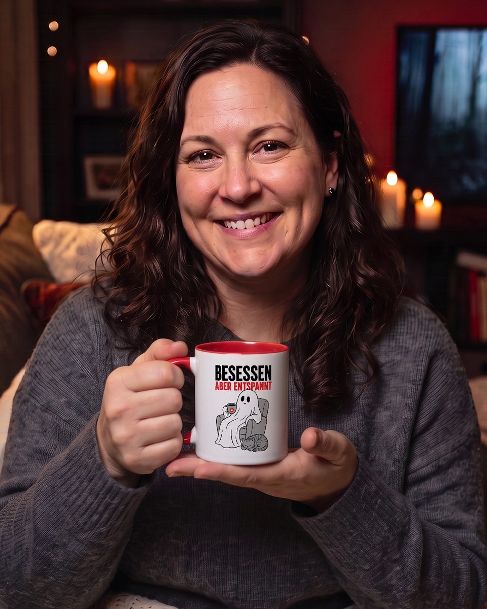 Frau mit der GHOSTflix-Tasse „Besessen, aber entspannt“